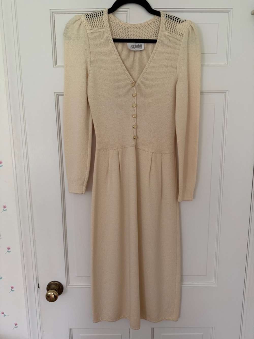St. John Cream Knit V-Neck Midi Dress with Button Front